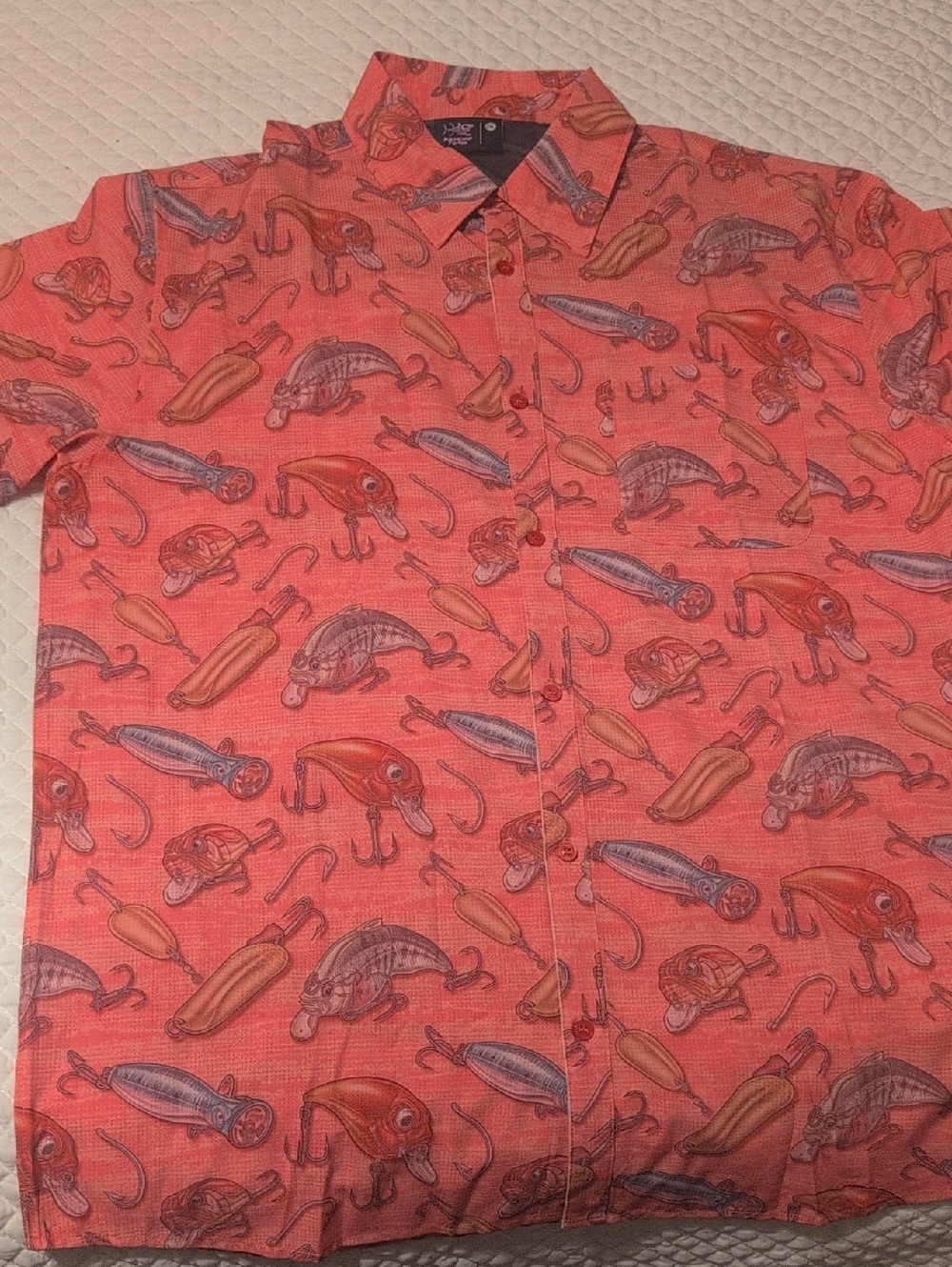 Men's Coral Short-Sleeve Button-Down Shirt with Fishing Lure Print